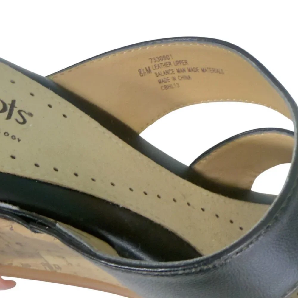 Softspots Wedge Sandals Women 8.5 Black Leather Espadrille Cork Beaded Excellent